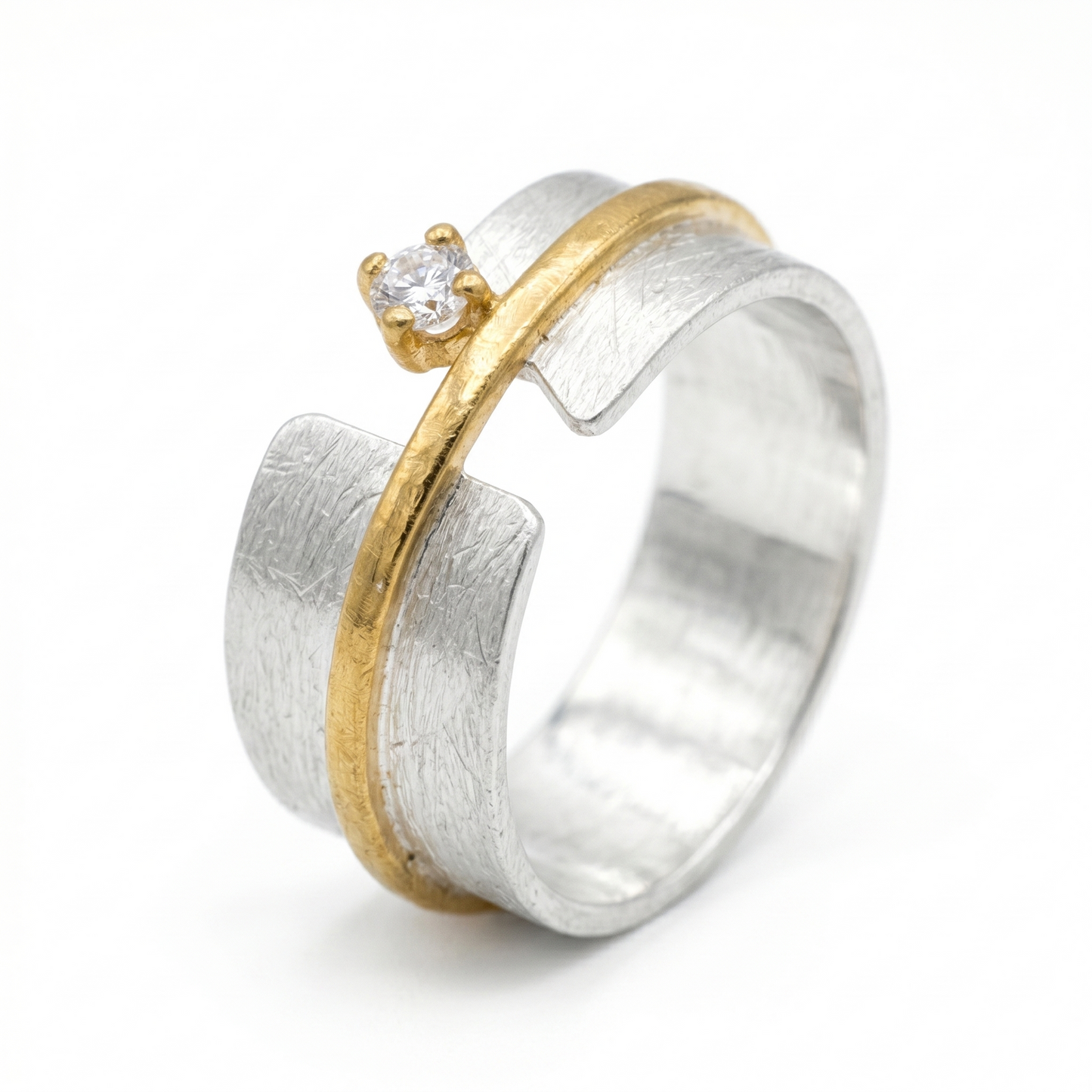 Art Deco Two Tone CZ Ring 925 Silver Satin Split Band Hammered Gold Sizes 5-9