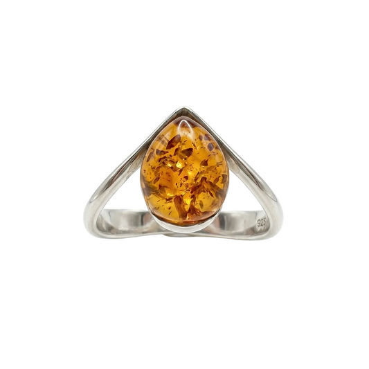 Baltic Amber V Ring 925 Sterling Silver Polished 11x9mm Pear Sizes 5-9