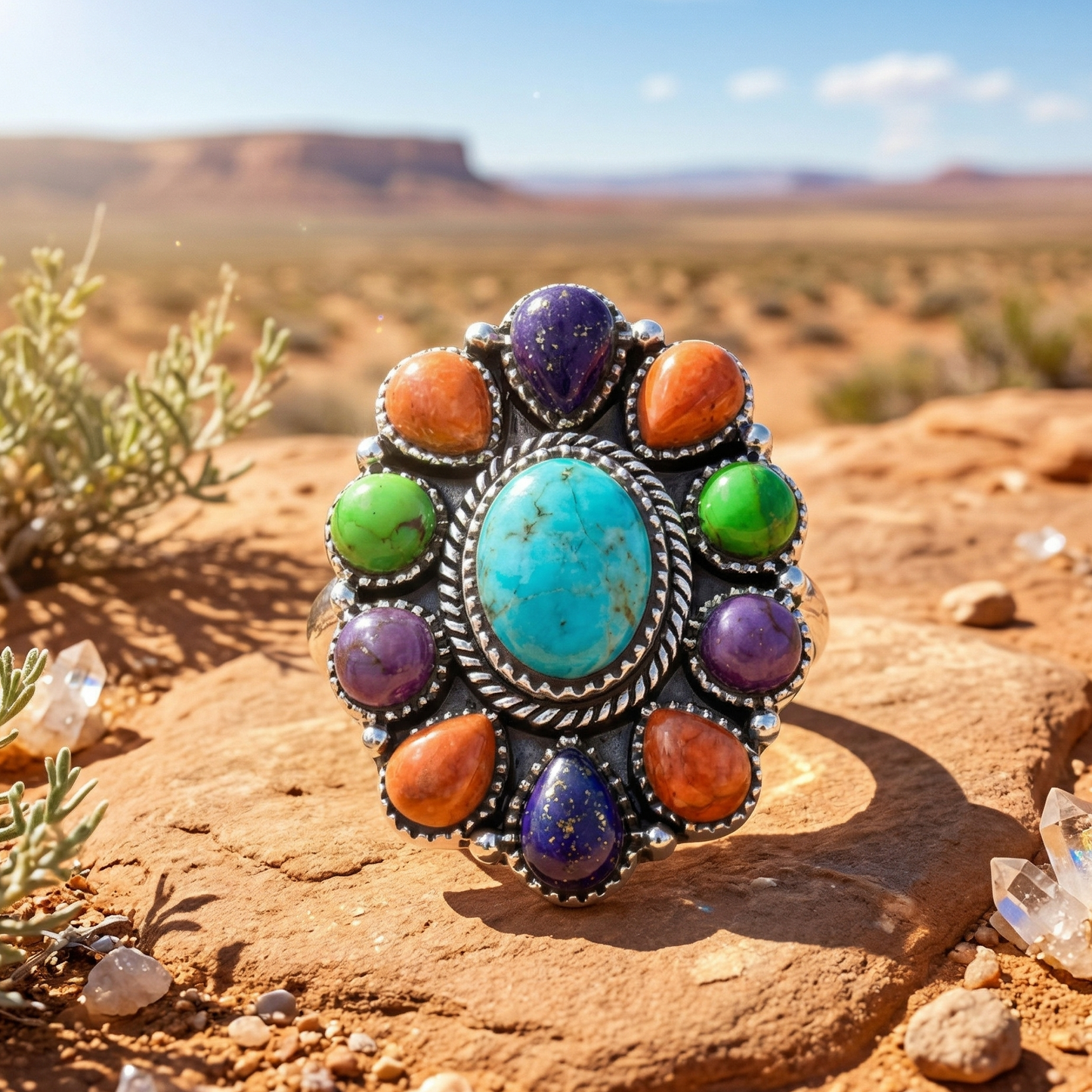 Oxidized Multi Stone Flower Ring 925 Silver Turquoise Coral Lapis Sizes 6-9