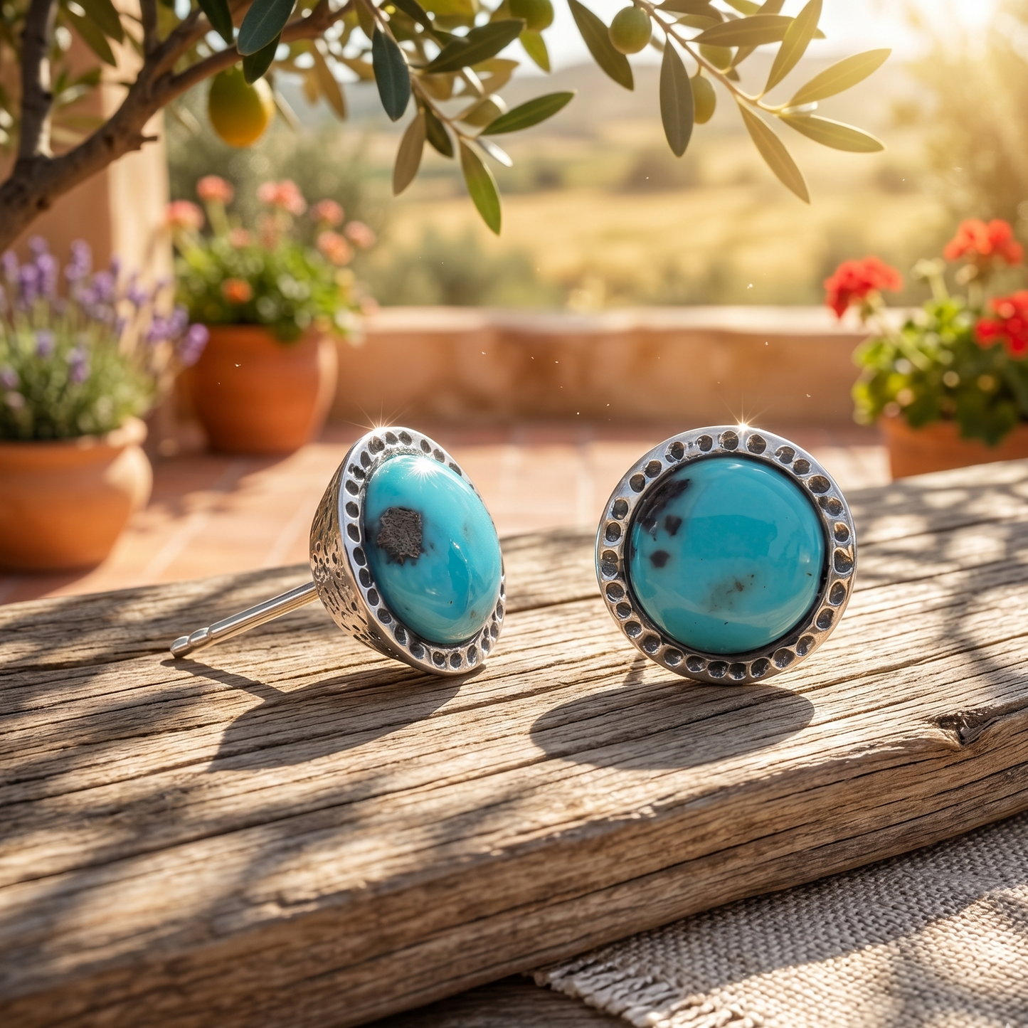 Turquoise earrings on a wooden surface with outdoor background