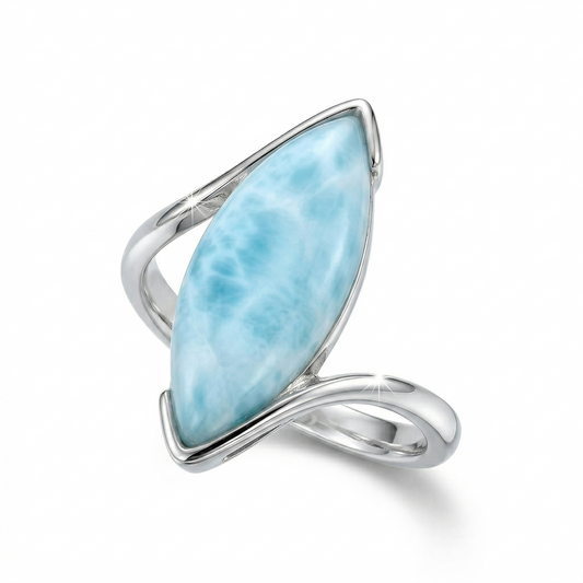 Marquise Larimar Ring Rhodium Plated 925 Sterling Silver 22.5x10mm Sizes 6-9