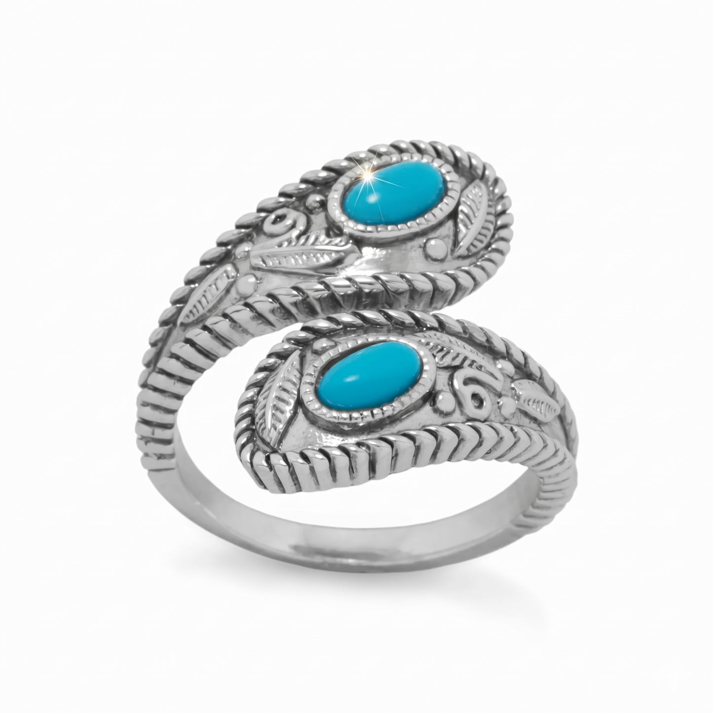 Leaf and Rope Turquoise Wrap Ring 925 Rhodium Silver Adjustable Sizes 5-9