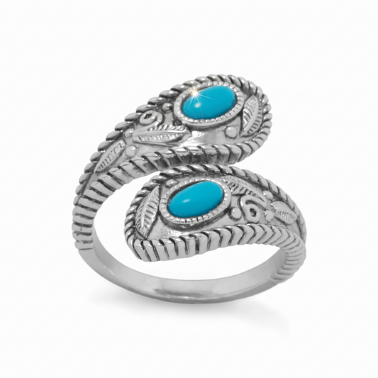 Leaf and Rope Turquoise Wrap Ring 925 Rhodium Silver Adjustable Sizes 5-9