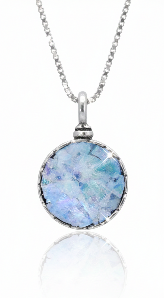 Ancient Roman Glass Necklace - Sterling Silver Oxidized Basket Setting