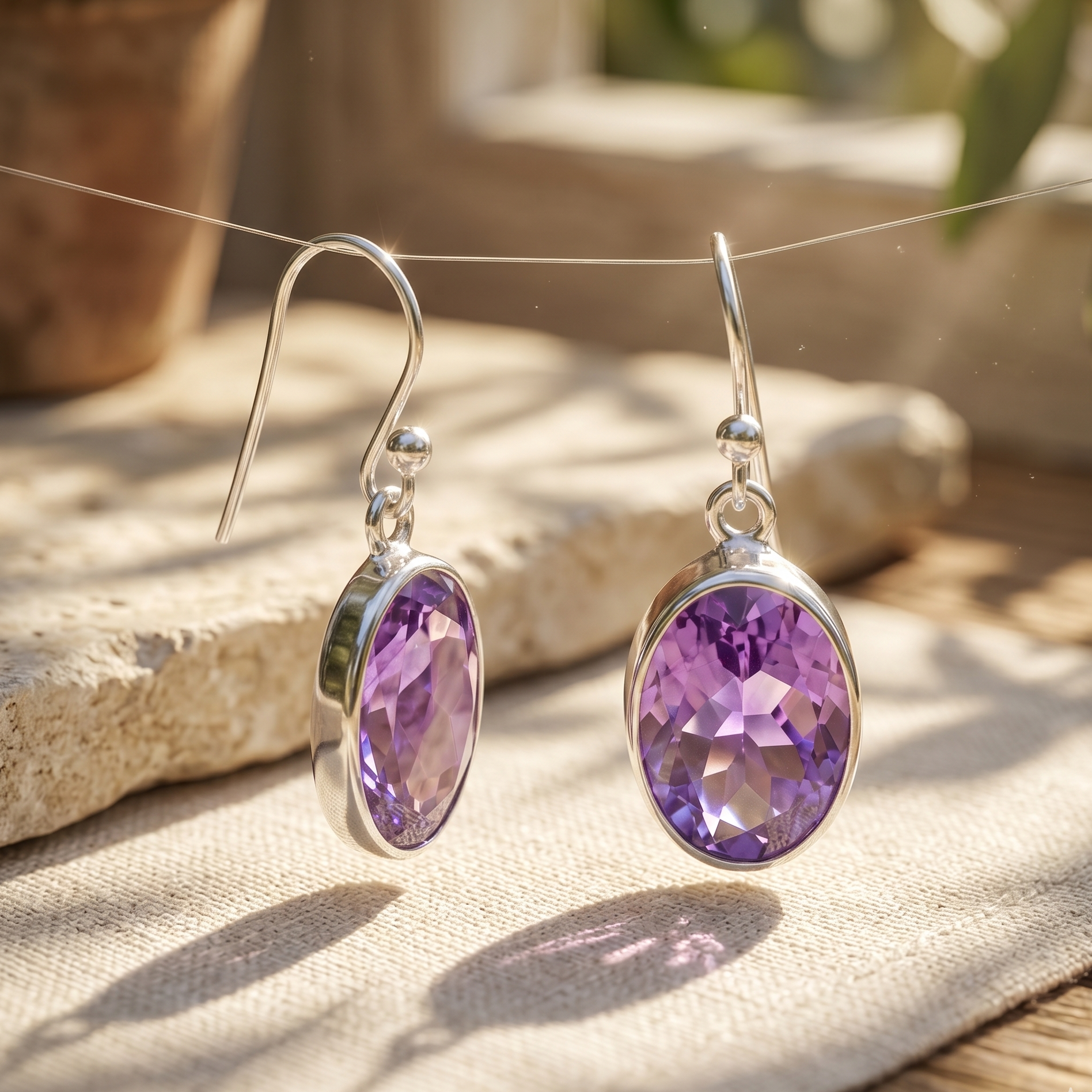 Purple gemstone earrings on a textured surface with natural light