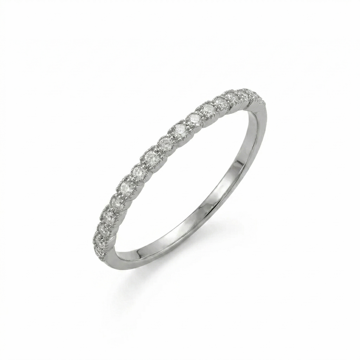 Rhodium Plated Thin CZ Band Ring 925 Sterling Silver 17 CZ Stackable Sizes 3-9