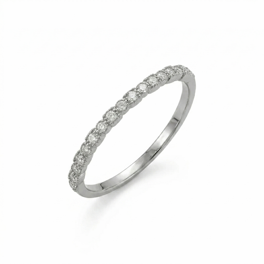 Rhodium Plated Thin CZ Band Ring 925 Sterling Silver 17 CZ Stackable Sizes 3-9