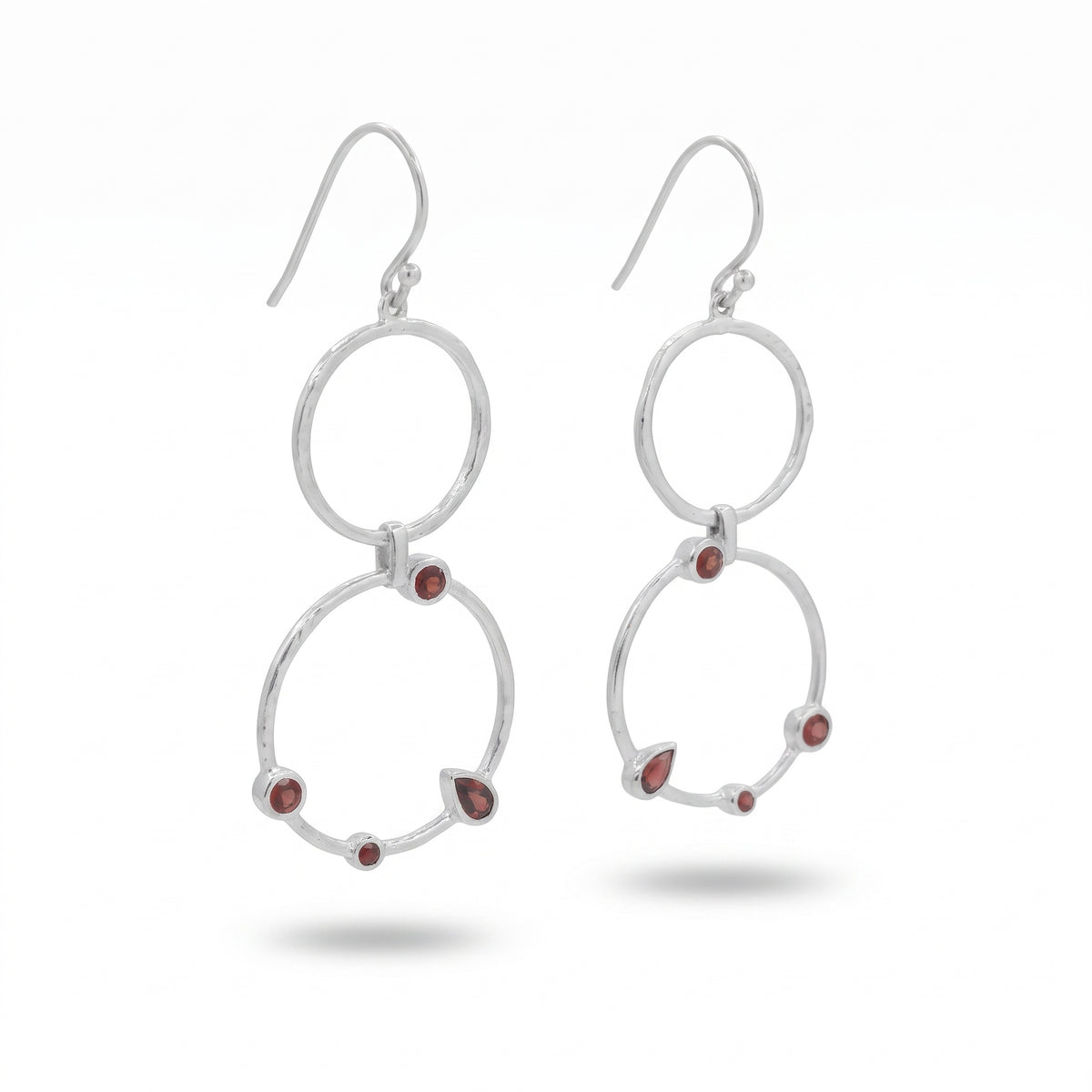 Garnet Hammered Circle Drop Earrings Rhodium Plated 925 Sterling Silver 55mm