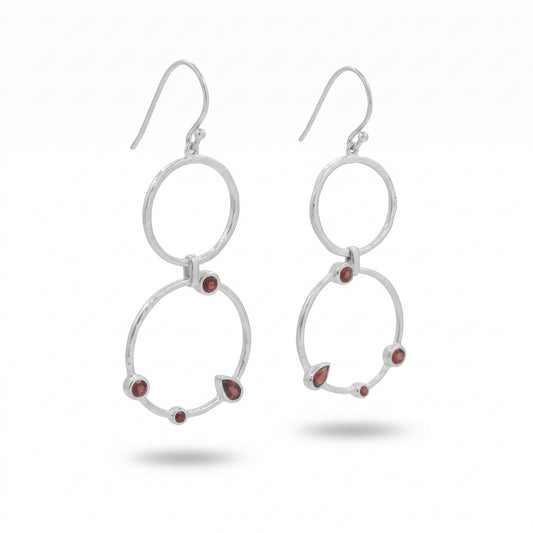 Garnet Hammered Circle Drop Earrings Rhodium Plated 925 Sterling Silver 55mm