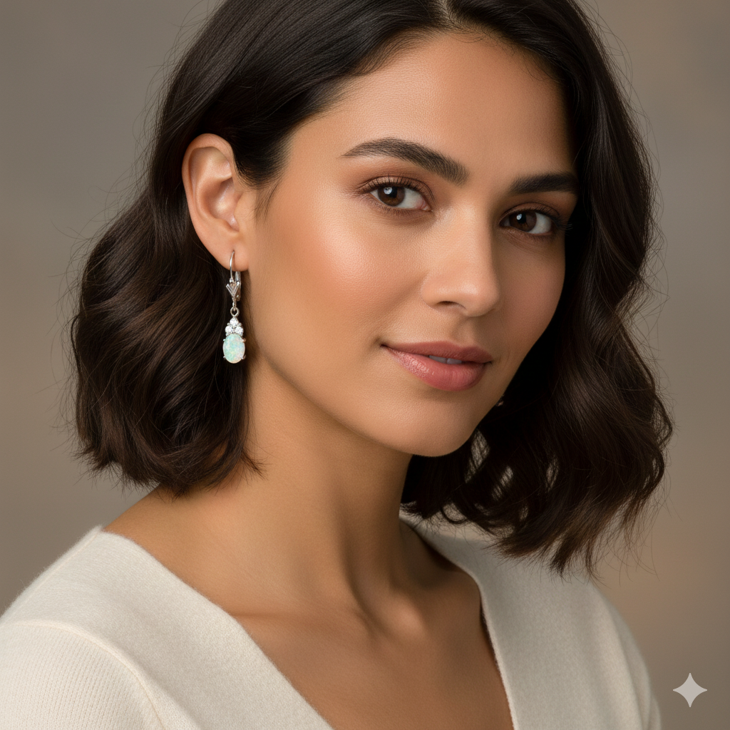 Sterling Silver Rhodium Plated Australian Opal, White Topaz Drop Earrings, 5x7mm Stone, 28mm Length