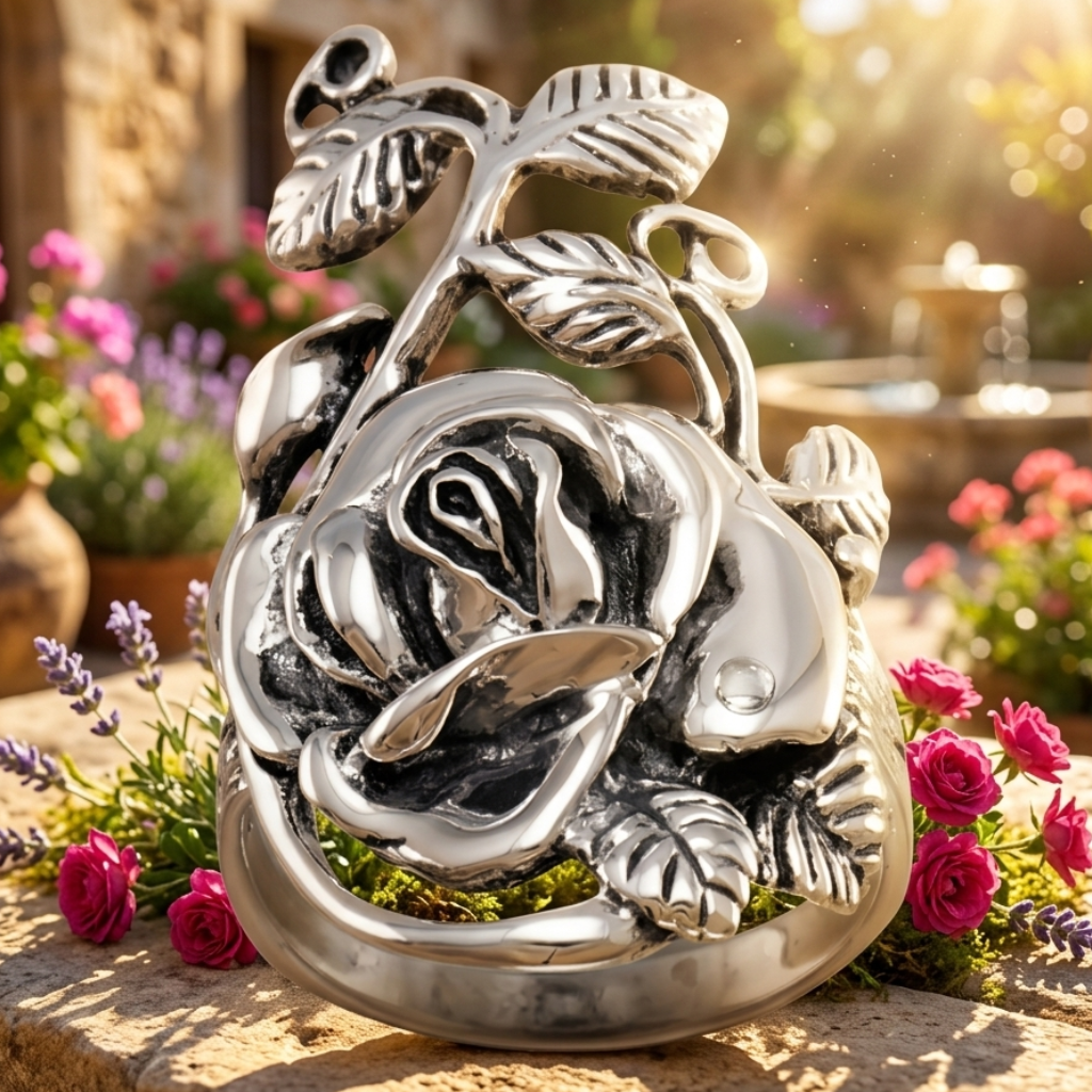 Silver rose sculpture on a stone surface with flowers in the background