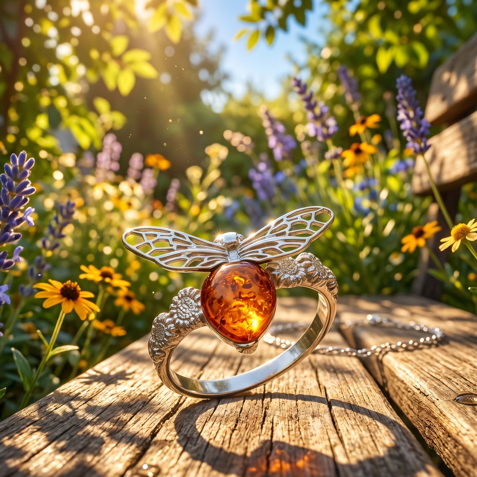 Silver ring with amber stone and dragonfly design on a wooden surface with flowers in the background