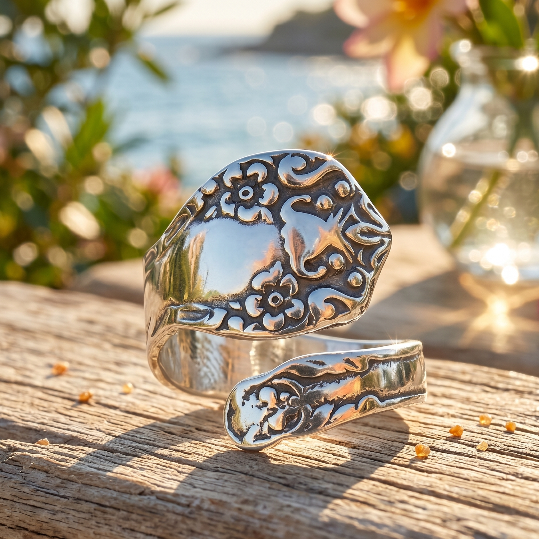 Silver ring with intricate designs on a wooden surface with a blurred natural background