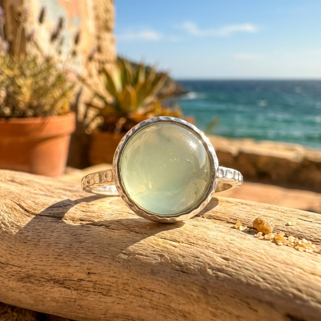 Cabochon Sea Green Chalcedony Ring 925 Silver Textured Band 10mm Sizes 5-10