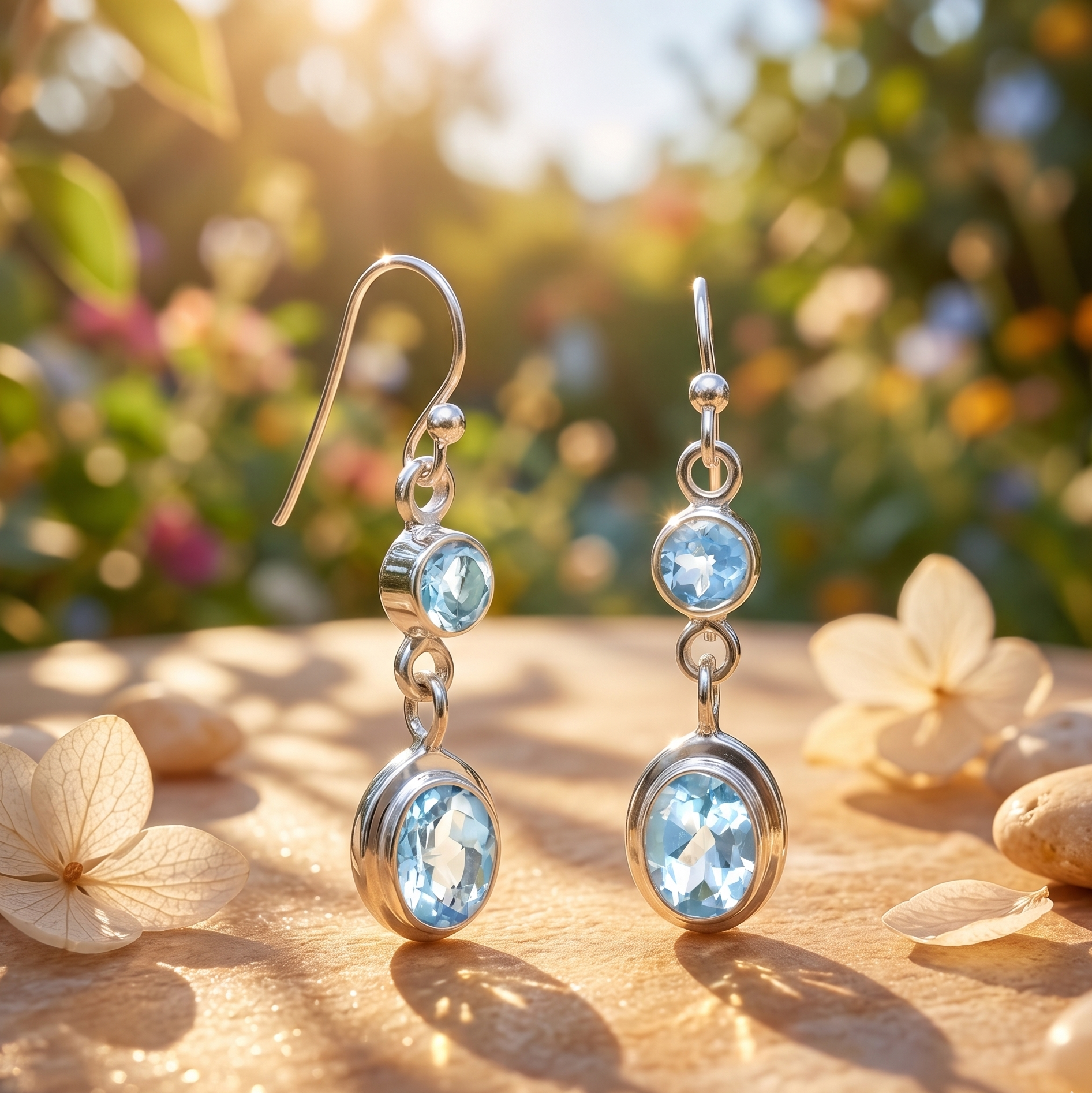 Silver earrings with blue gemstones on a wooden surface with flowers in the background