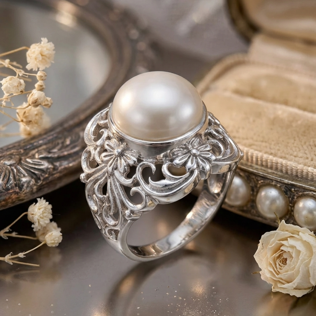 Silver ring with a large pearl on a reflective surface with flowers and an open jewelry box.