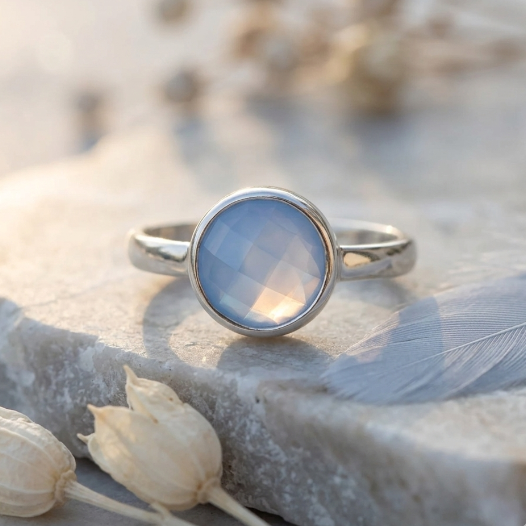 Silver ring with a blue gemstone on a textured surface with dried flowers and a feather.