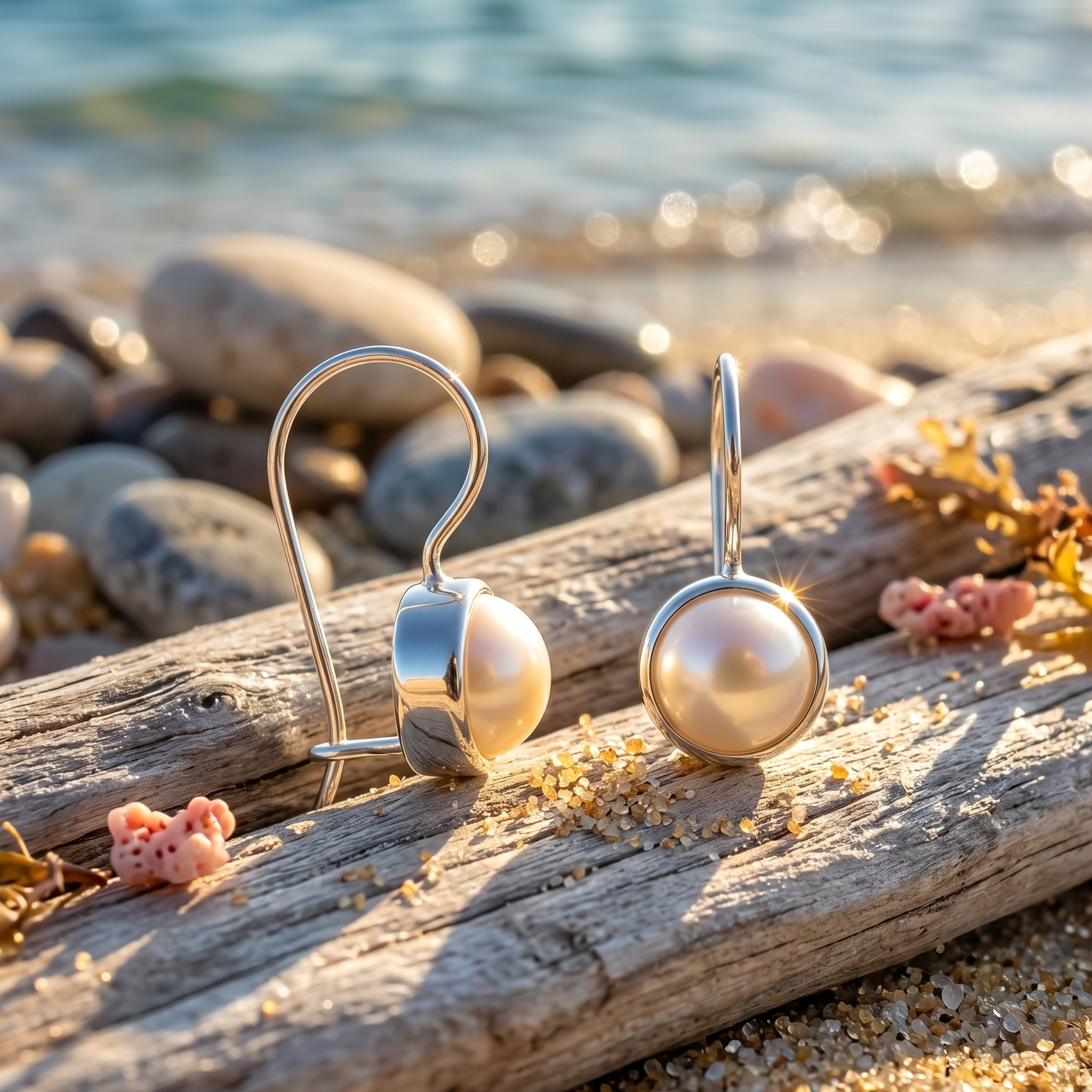 Pair of pearl earrings on a piece of driftwood with a beach background
