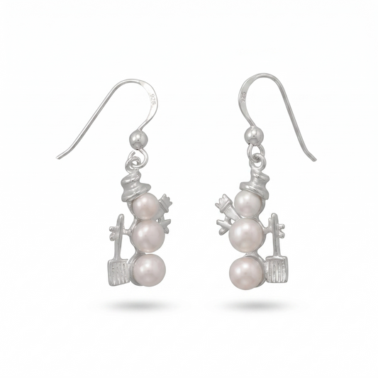 White Cultured Freshwater Pearl Snowman Drop Earrings 925 Sterling Silver 33mm