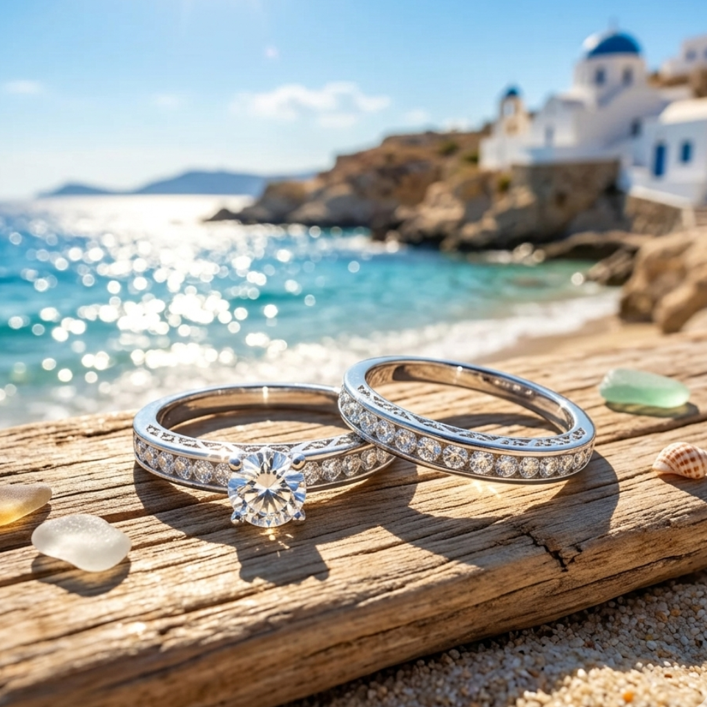 Two wedding rings on a wooden log with a scenic beach and buildings in the background