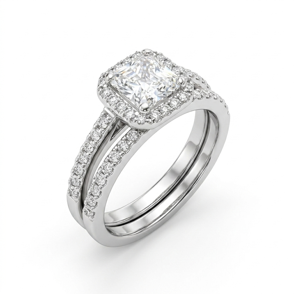 Silver ring with a diamond on a white background