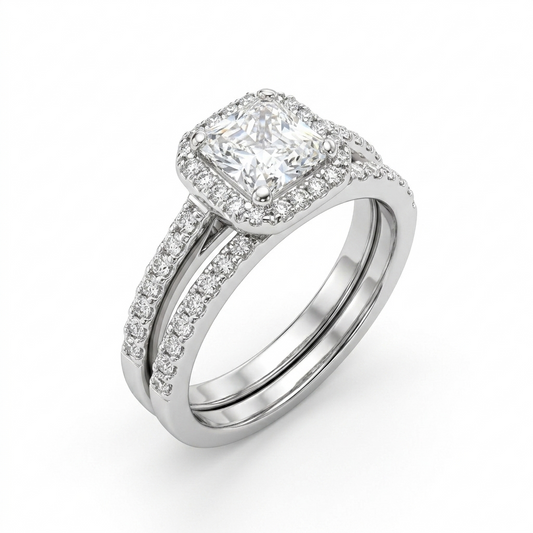 Silver ring with a diamond on a white background
