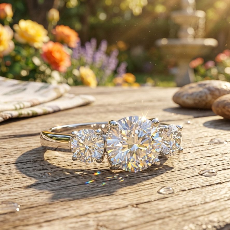 Diamond ring on a wooden surface with a garden background
