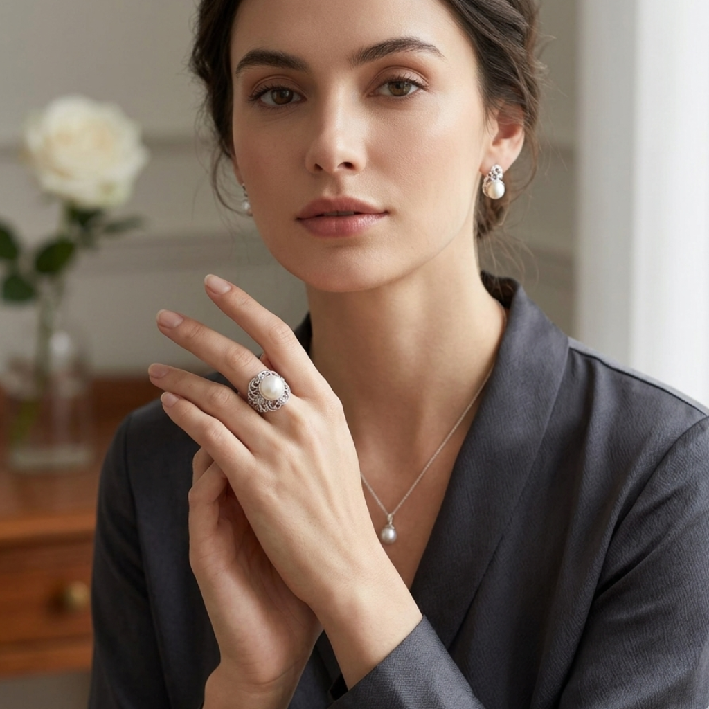 Woman wearing jewelry with a blurred background