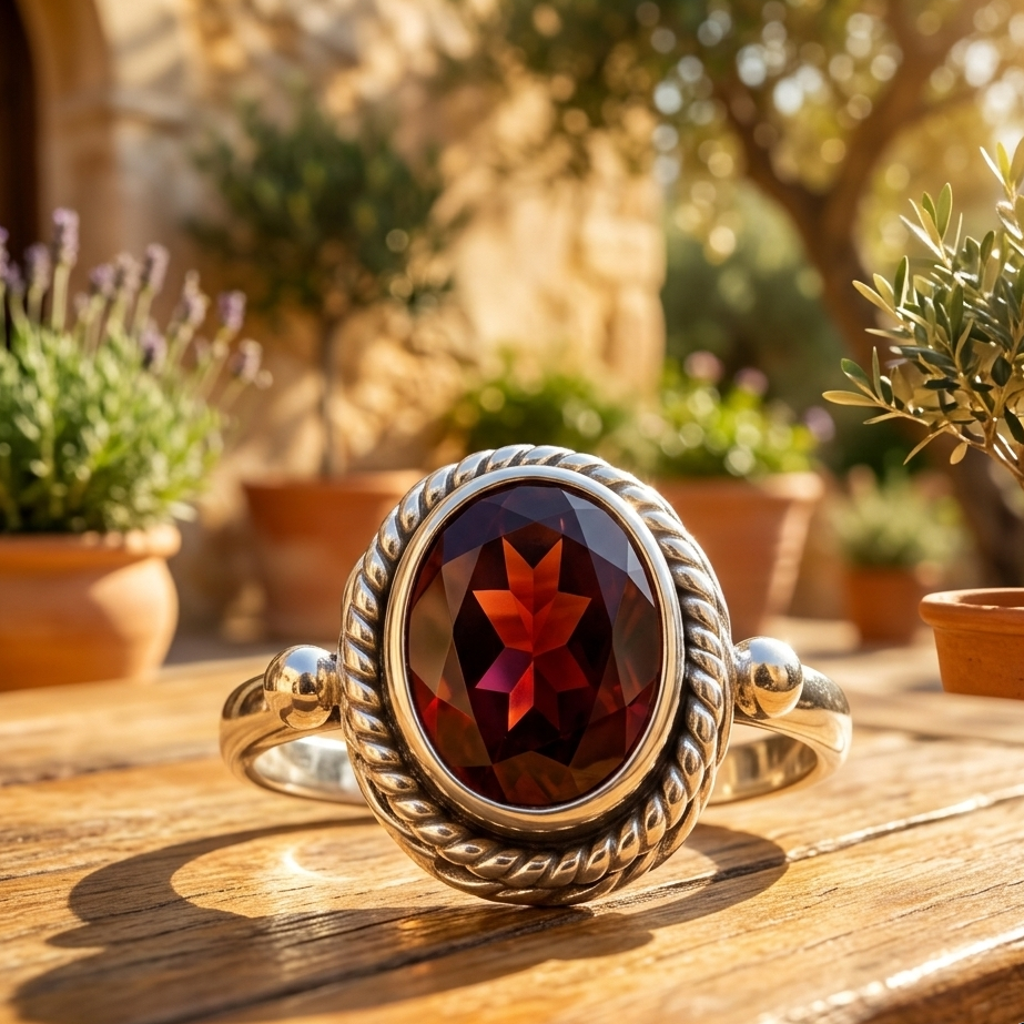 Silver ring with a red gemstone on a wooden surface with plants in the background