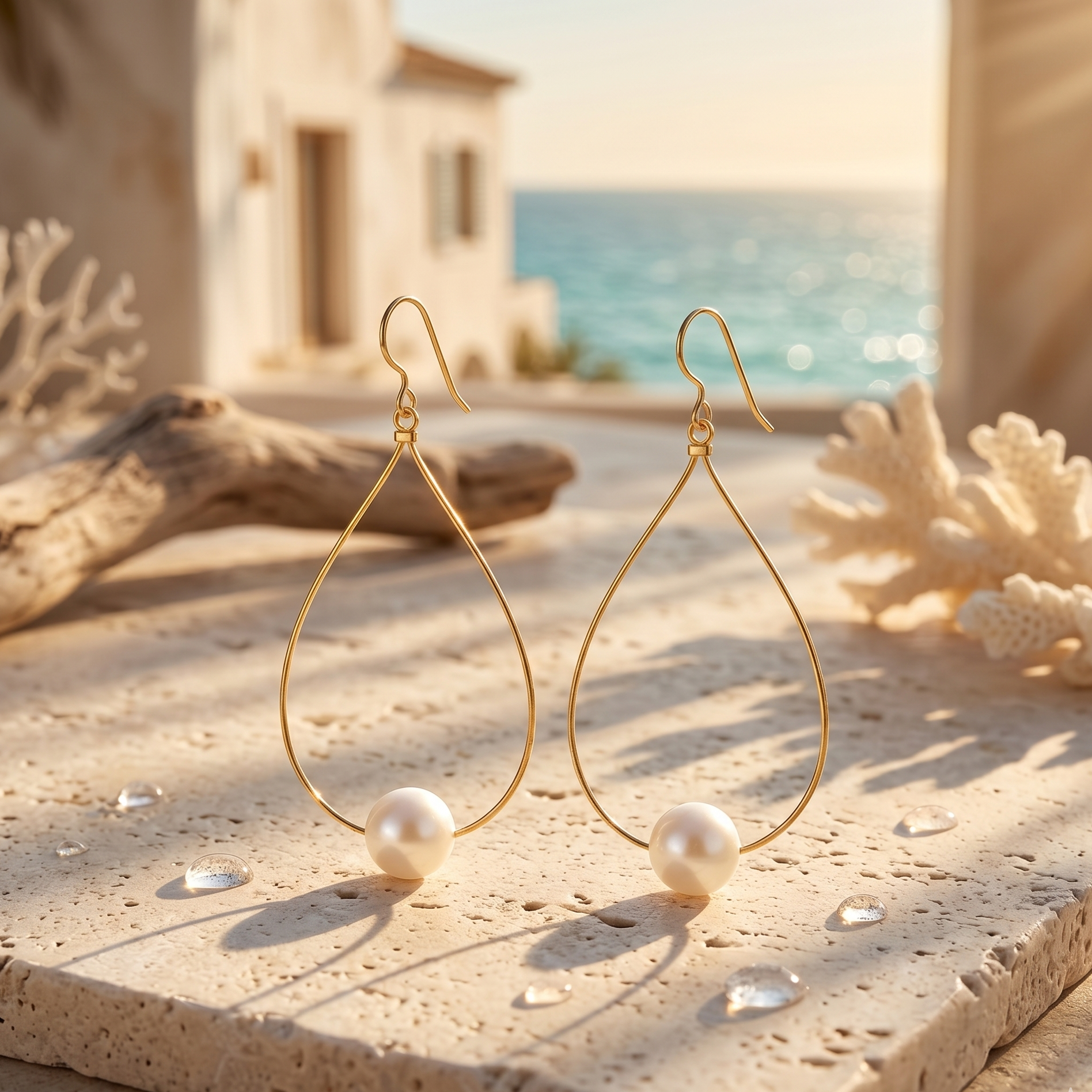 Gold hoop earrings with pearls on a sandy surface with a beach background
