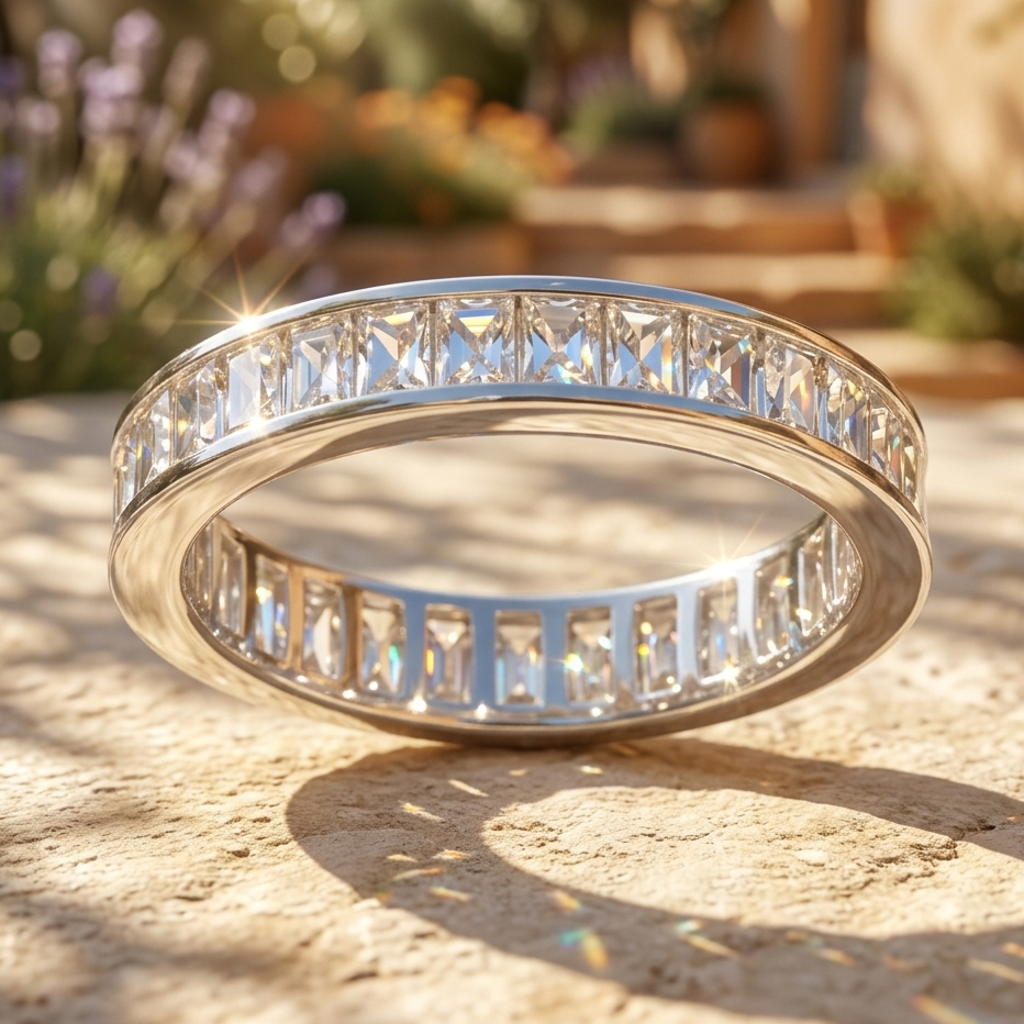 Silver ring with gemstones on a textured surface with blurred natural background