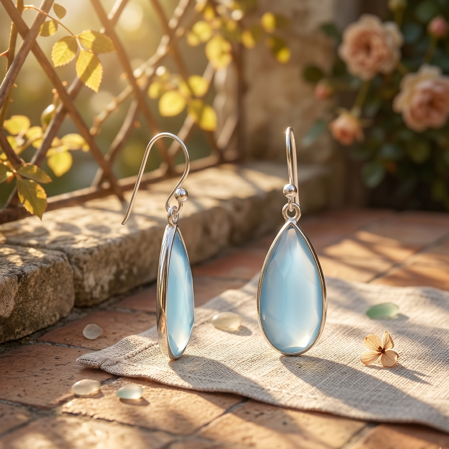 Teardrop-shaped earrings on a textured surface with a natural background