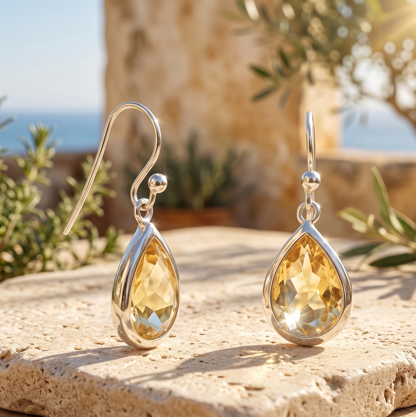 Teardrop-shaped earrings with yellow gemstones on a stone surface with a natural background