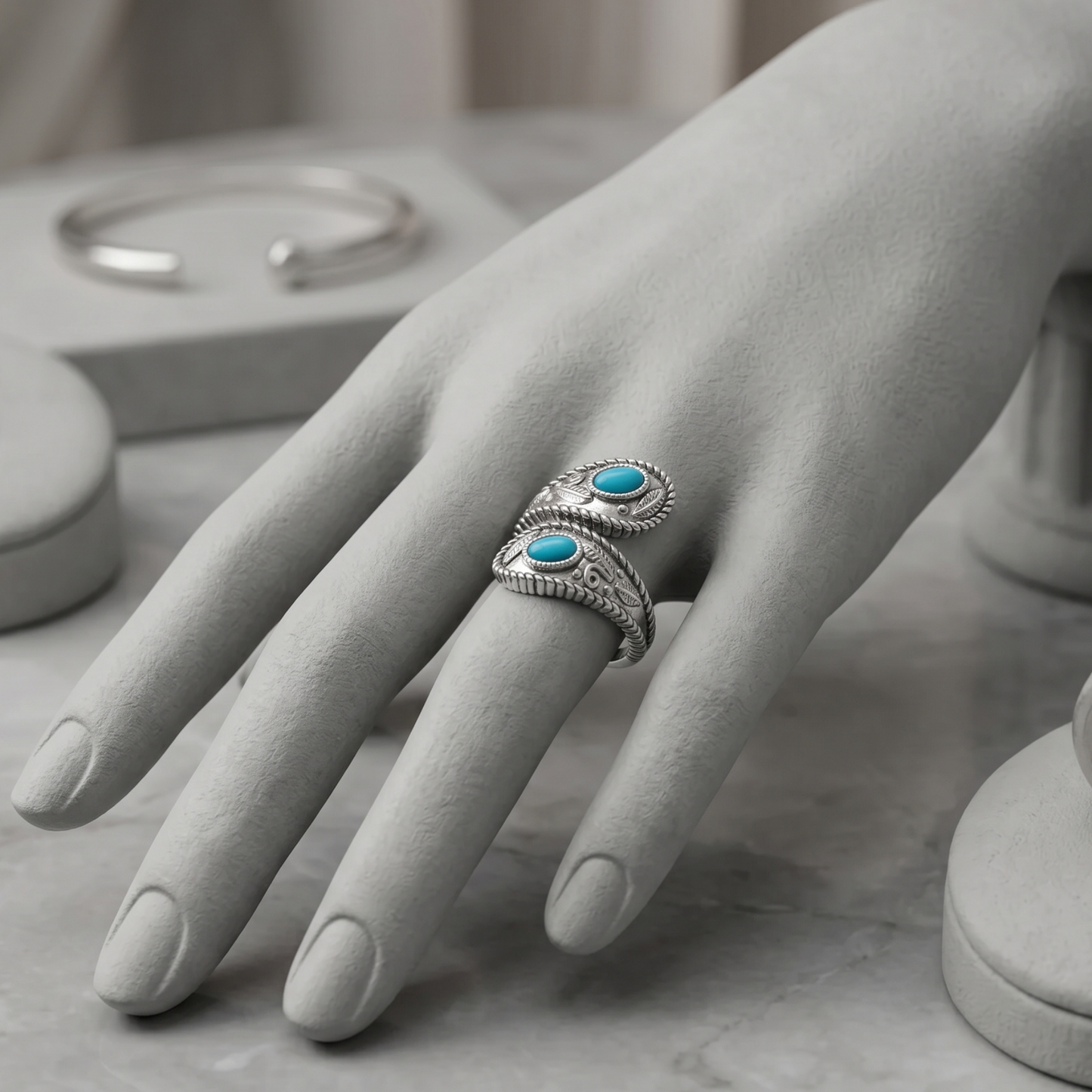 Leaf and Rope Turquoise Wrap Ring 925 Rhodium Silver Adjustable Sizes 5-9