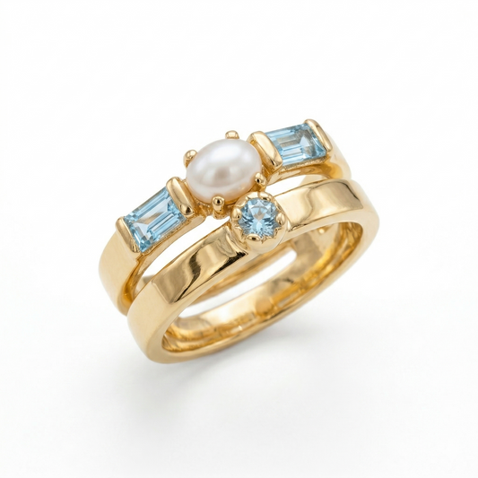 Gold Plated Pearl Blue Topaz Double Band Ring 925 Silver 4x6mm Pearl Sizes 6-9