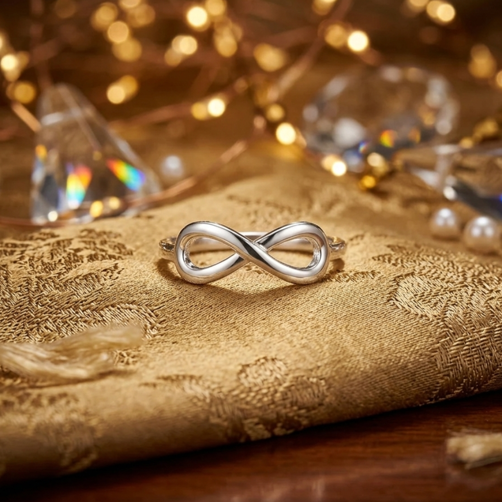 Silver infinity ring on a textured gold surface with blurred lights in the background
