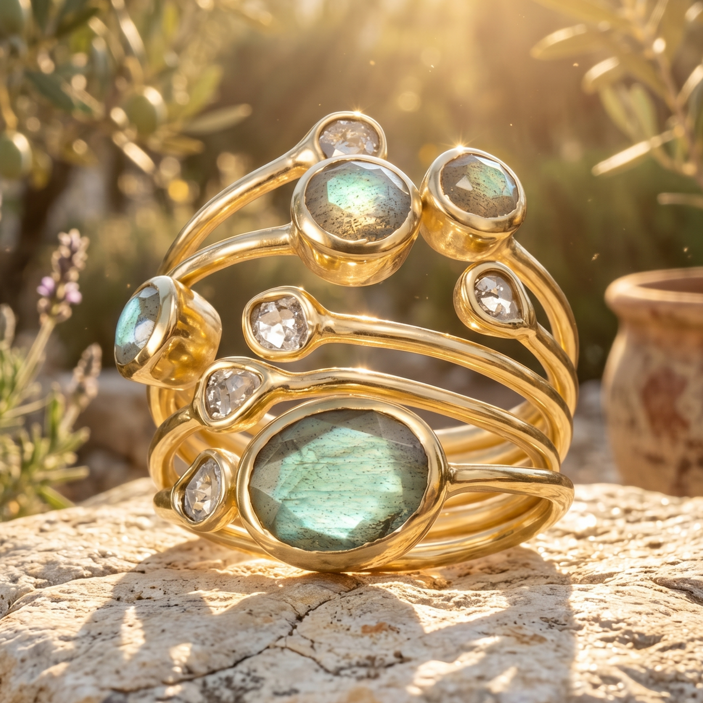 Raw Polki Diamond Labradorite Cluster Ring 925 Gold 0.25ctw Bezel Set Sizes 6-10