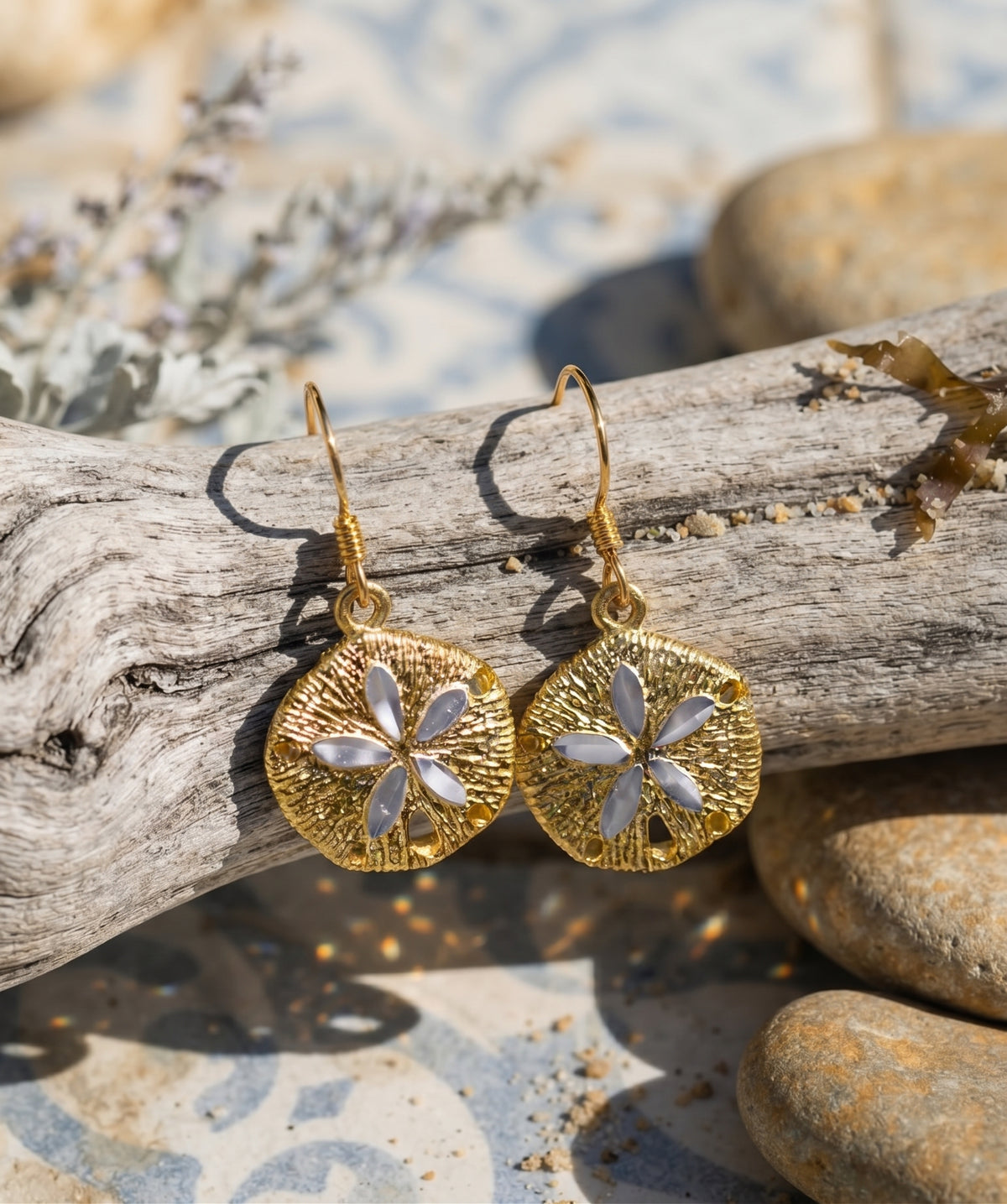Diamond Cut Sand Dollar French Wire Earrings 14K Gold Plated 925 Silver 13mm