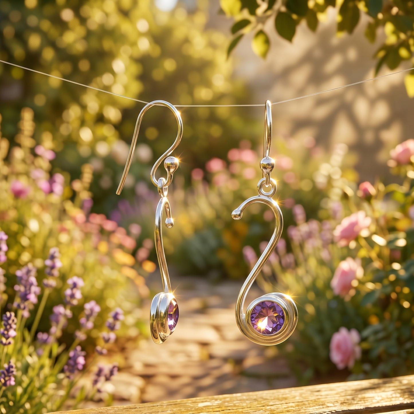 Gold earrings with purple gemstones hanging on a wire against a garden background