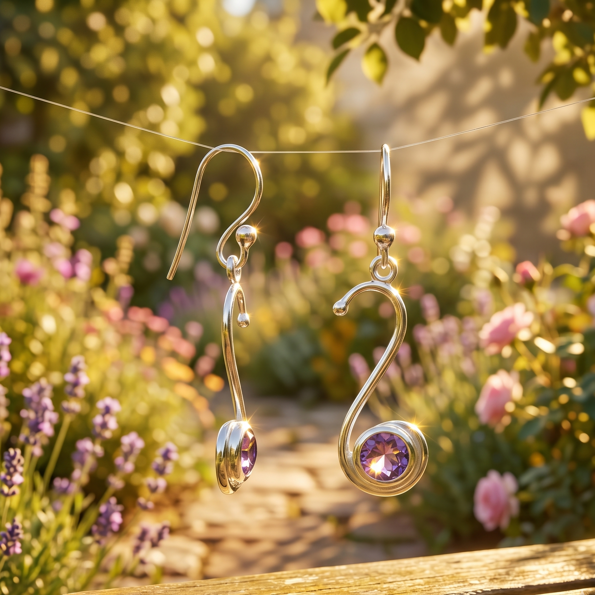 Gold earrings with purple gemstones hanging on a wire against a garden background