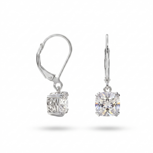 Cushion Cut CZ Lever Back Earrings 925 Sterling Silver 7mm 25mm Length
