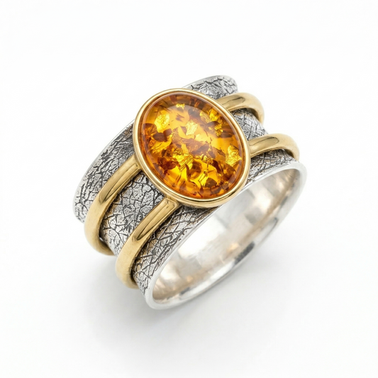 Two Tone Baltic Amber Spinner Ring 925 Silver 14K Gold Plated 11.3mm Sizes 6-9