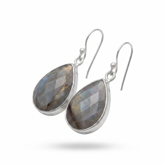 Silver earrings with teardrop-shaped Labradorite stones on a white background