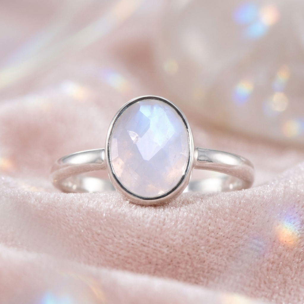 Rainbow Moonstone Oval Ring 925 Sterling Silver Faceted 7x9mm Sizes 6-9
