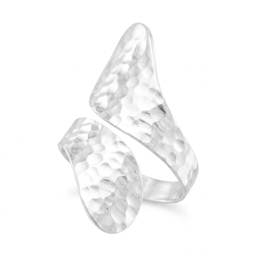 Silver ring with a textured design on a white background