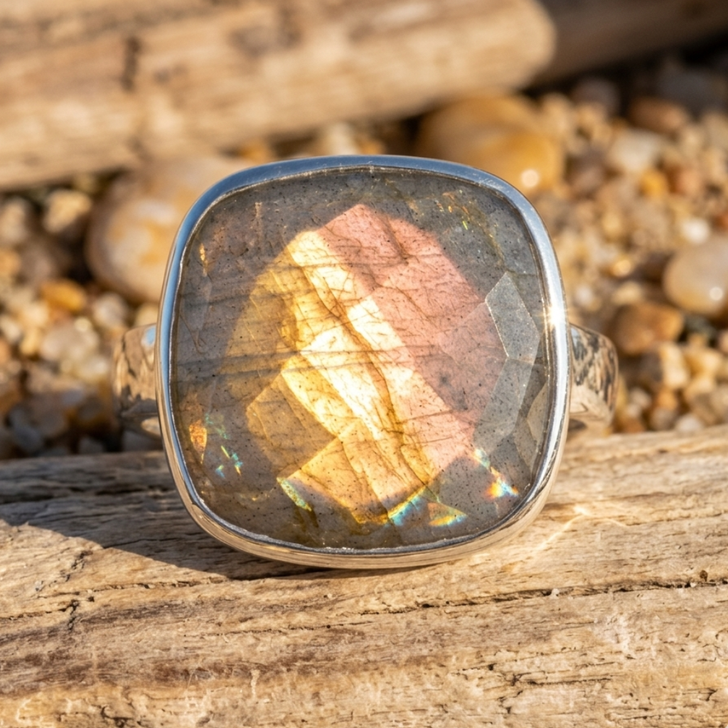 Checkerboard Cut Labradorite Ring 925 Sterling Silver 15mm Square Statement