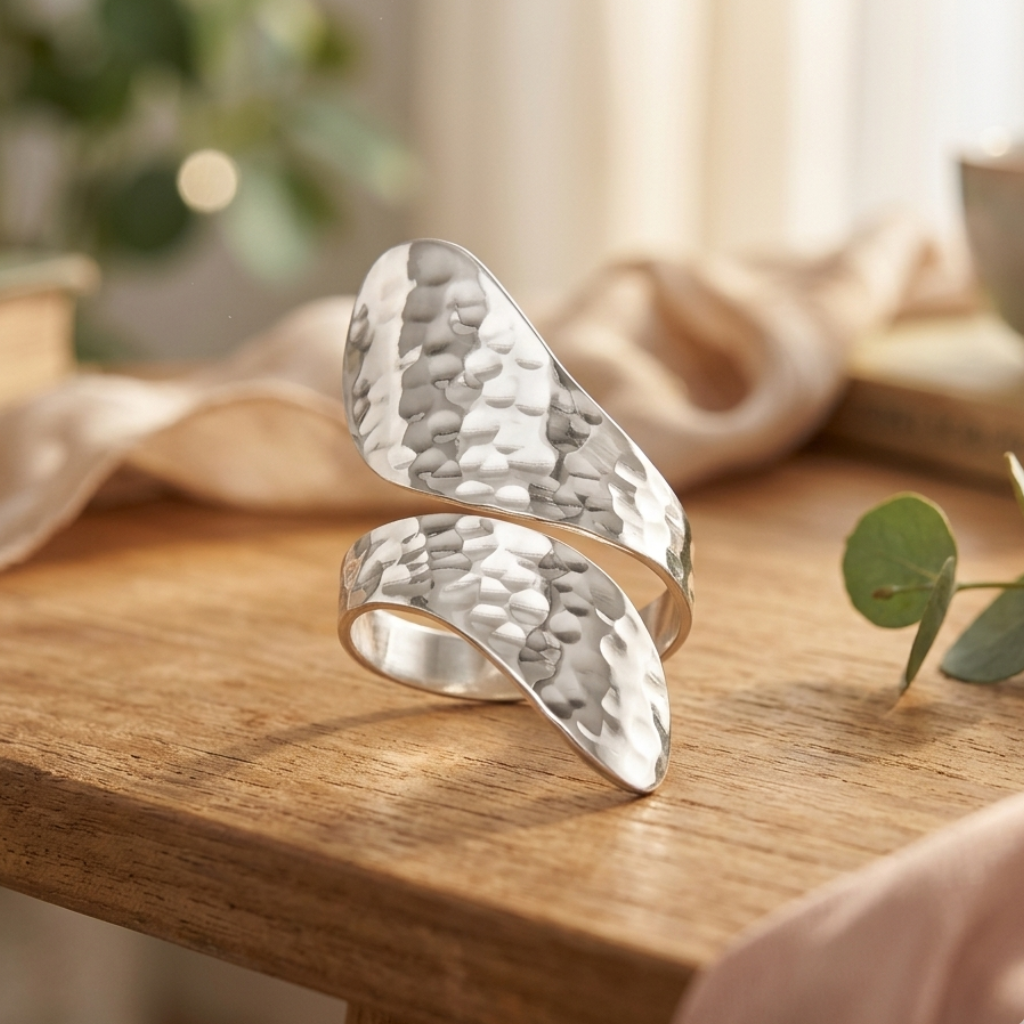 Silver cuff bracelet on a wooden surface with a blurred natural background
