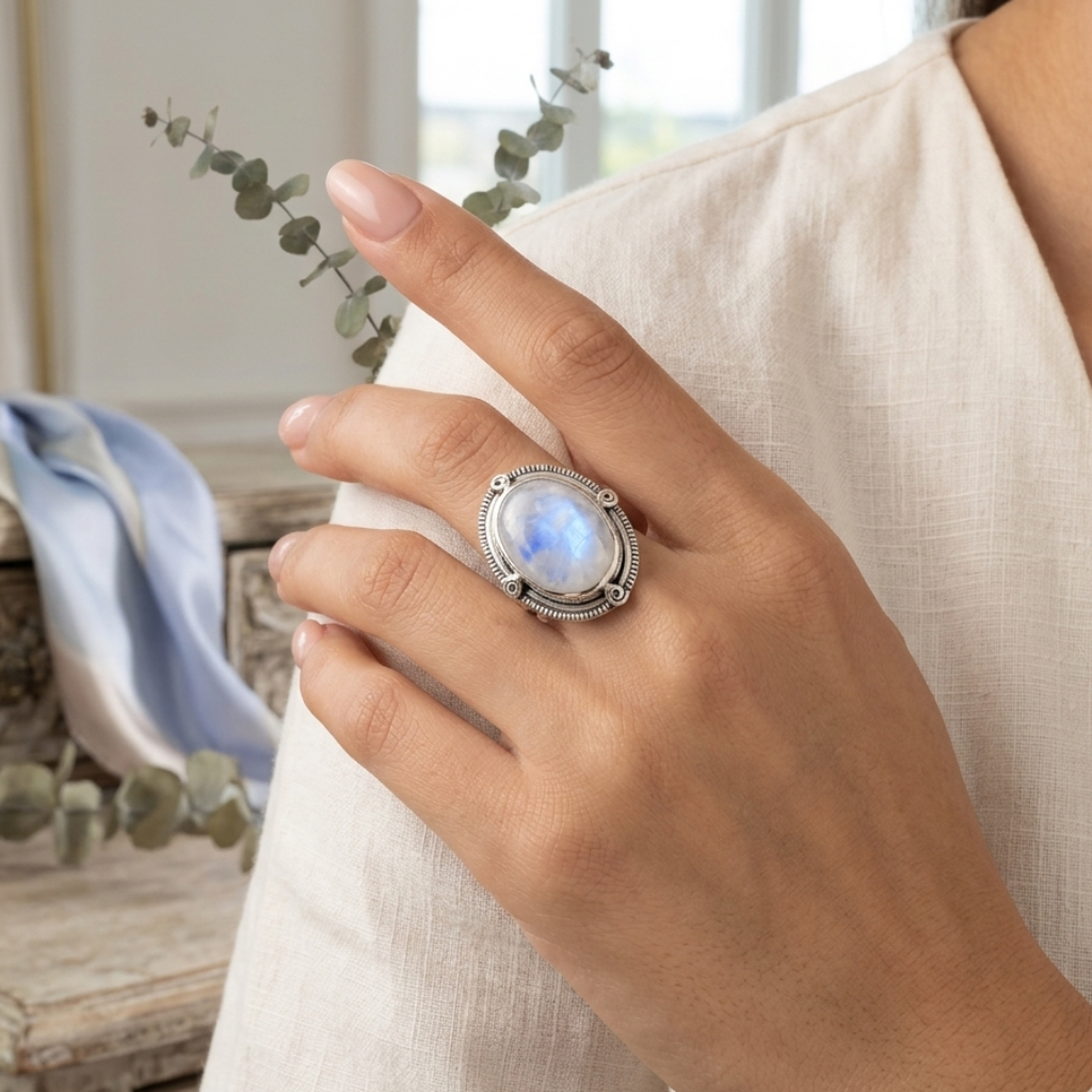 Hand wearing a silver ring with a moonstone, set against a neutral indoor background.