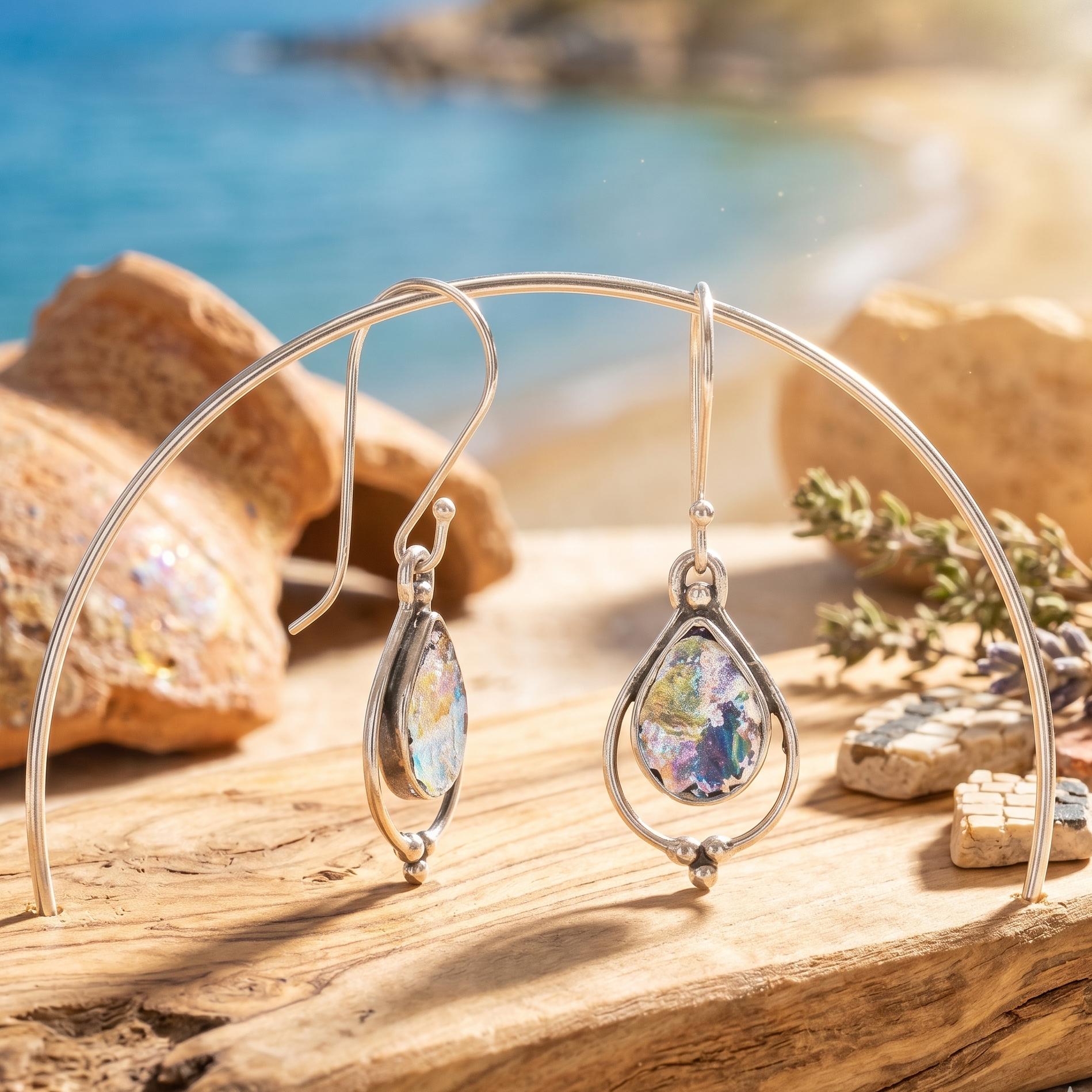 Silver hoop earrings with teardrop-shaped gemstones on a wooden surface with a beach background.