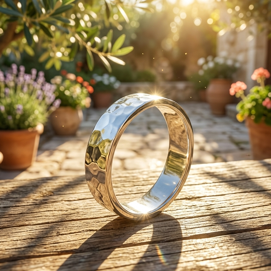 Gold ring on a wooden surface with a garden background